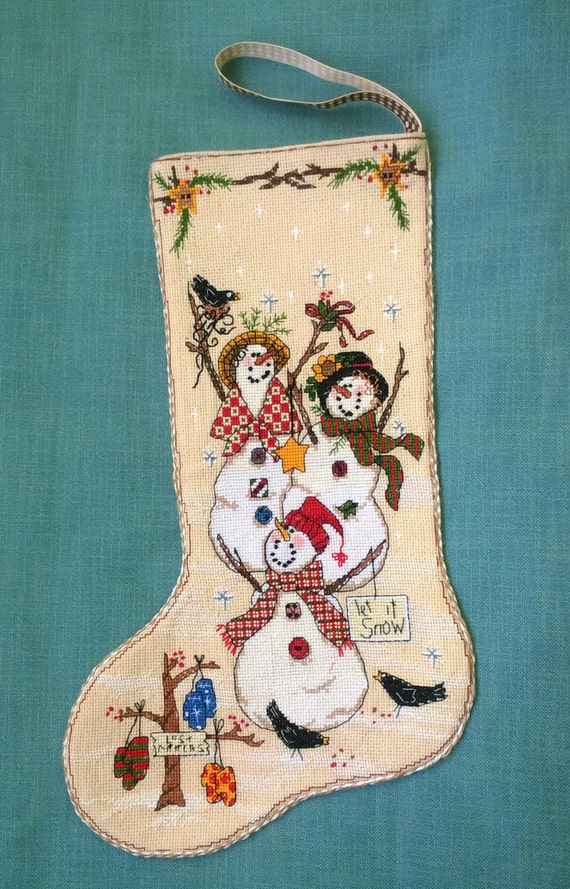 Christmas Stocking Hand Made Snowmen Cross Stitch