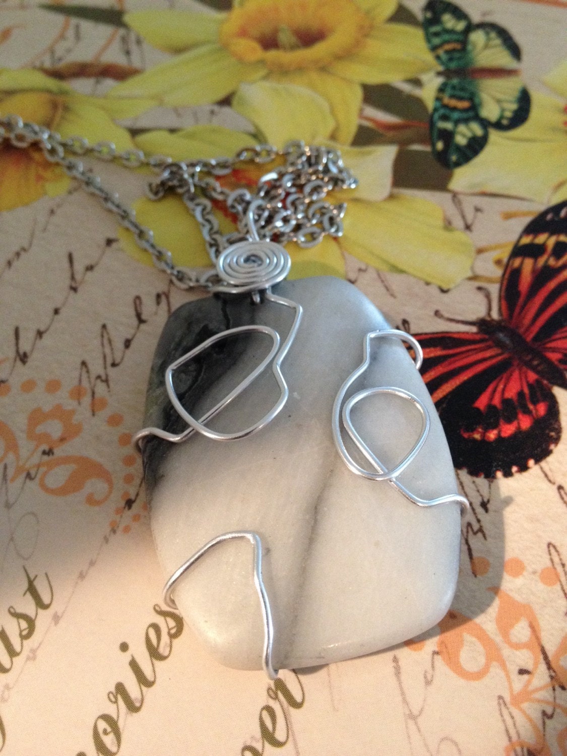 Wire Wrap Pendant NecklaceWhite Marble by CanastotaCreations