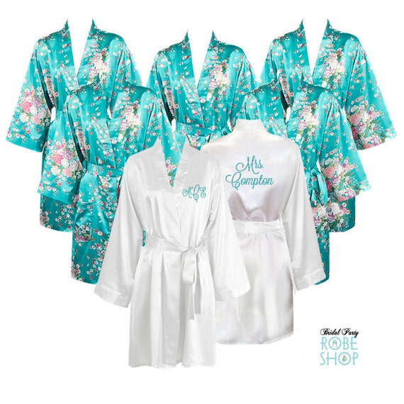 Set of 8 Satin Bridal Party Robes with 7 Floral Robes and 1 White