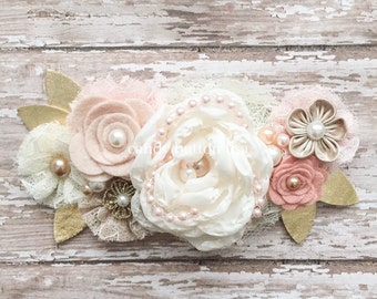 Rose Flower Baby Headband, Rustic Wedding Hairpiece, Lace Headband, Ivory Champagne Blush Gold Headband, Felt Headband, Flower Girl Headband