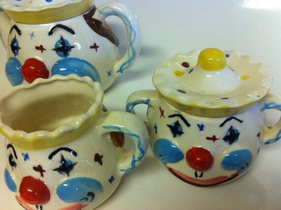 Vintage Clown Teapot Set / Clown Teapots / Ceramic Clown