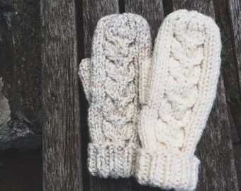 Hand Knit Reverse Cable Twist Mittens Cozy Winter Gloves // Wheat and Cream- fleece lining lined