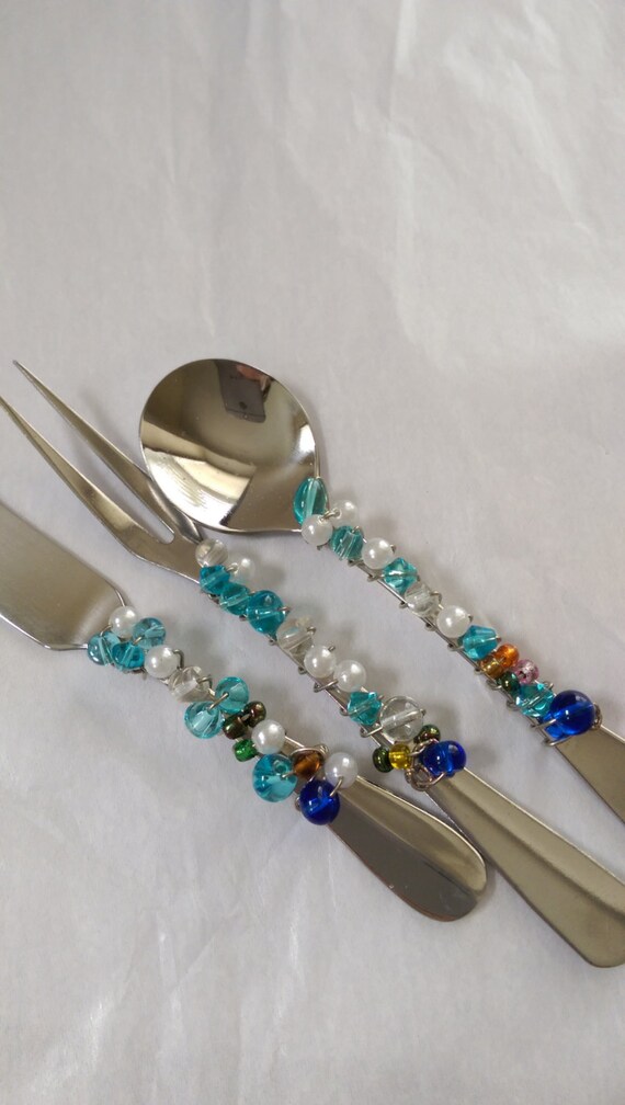 Beaded appetizer utensils knife fork and spoon short serving