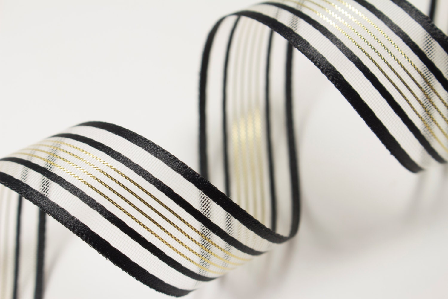 7/8W Sheer Black and Gold Striped Ribbon Trim Elegant