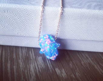 Lab Opal Hamsa necklace with gold filled or gold plated chain - Gold Hamsa necklace- Fatima's hand necklace
