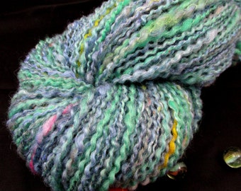 Handspun yarn Hand dyed yarn Art yarn Art Yarn Thick and Thin 2-Ply Green Blue wool yarn Natural wool bamboo angelina Large skein 3,73 OZ