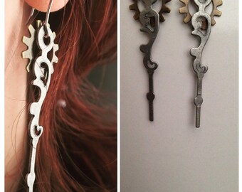 Steampunk Earrings, Silver Clock Hand and Brass Gear Earrings, Steampunk Jewelry, Steampunk Earrings, Women's Earrings, Gothic Earrings