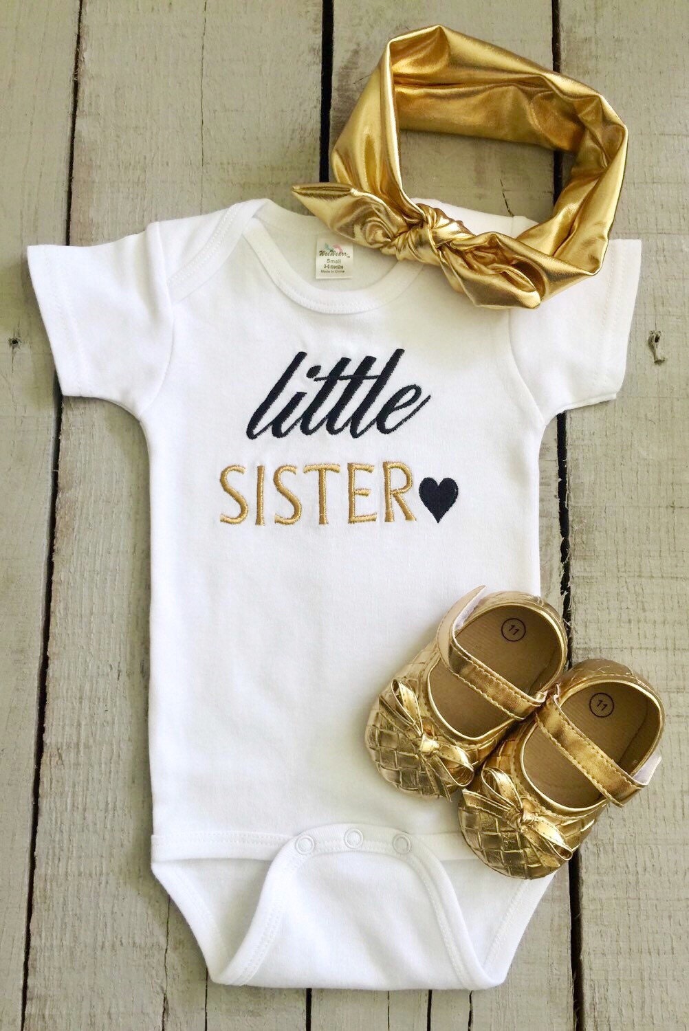 Little Sister Onesie Gold Little Sister Onesie baby girl