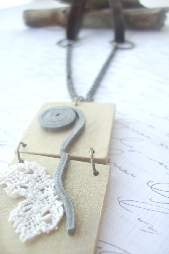 Items similar to Wooden Statement Necklace Mixed Media Necklace