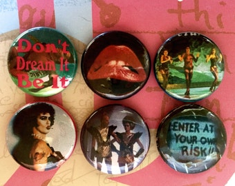 Rocky Horror Picture Show Button Set, RHPS, Tim Curry, Lips, Susan Sarandon, Dr. Frank N. Furter, Don't Dream It Be It, Riff Raff, Magenta