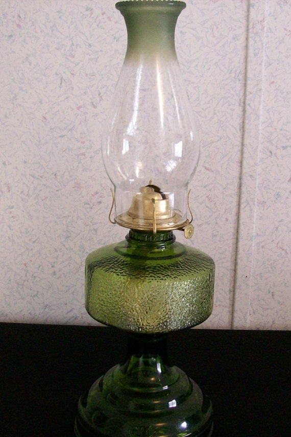 Vintage Emerald Green Glass Oil Lamp With Green Flashed Beaded