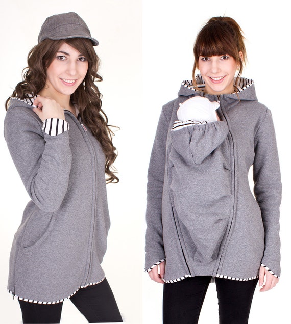 Baby carrying jacket 3 in 1 for mother + baby VIVID sweatshirt material // grey sprinkled / stripes