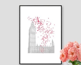 London Theme Party Print London Art Instant Download London Decor Wall Art London Black and white London Poster Pink Baloons
