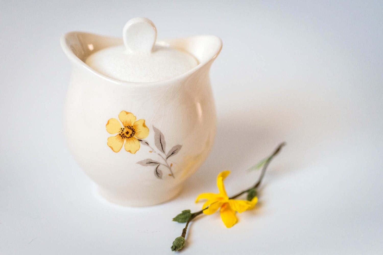 Vintage Mod Sugar Bowl Yellow Flower Ceramic Pot Yellow