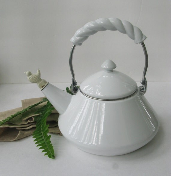 RESERVED FOR KIKIBIRD5 White Enamel Tea Kettle with Bird