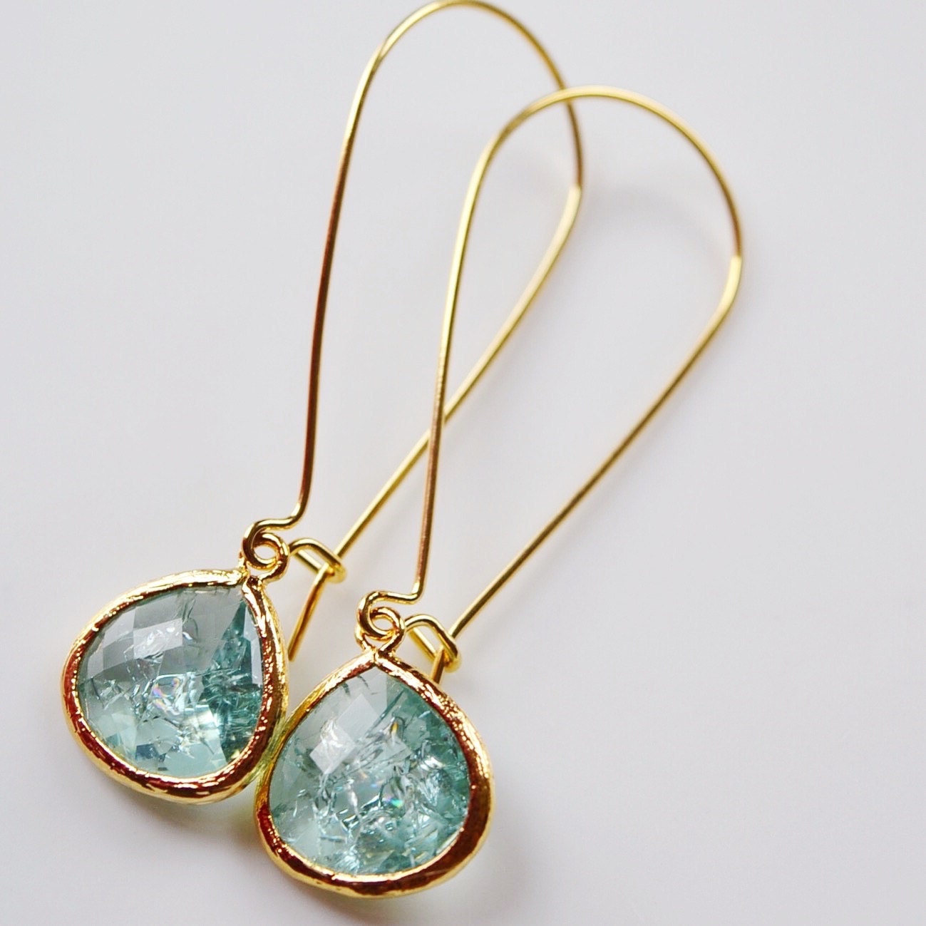 Aqua Earrings-Cracked Glass Gold Plated Long by GlamNecessities