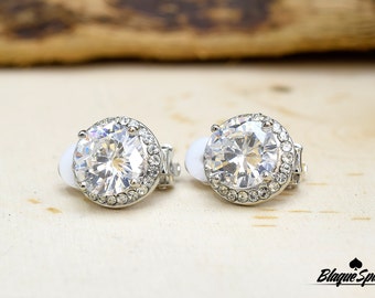 Silver Cubic Zirconia Stud Clip On Earrings