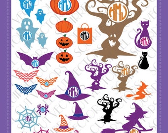 Halloween/ Trick or Treat Monogram Frames & art (spider, tree, pumpkin, jack o lantern, cat, bat, ghost, witch) SVG DXF EPS Cutting files