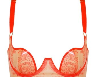 Latex Bra with Fluorescent Lace Print