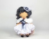 Tiny cloth doll handmade gray hair little girl white lace dress lovely gift for her 4 inch Lea
