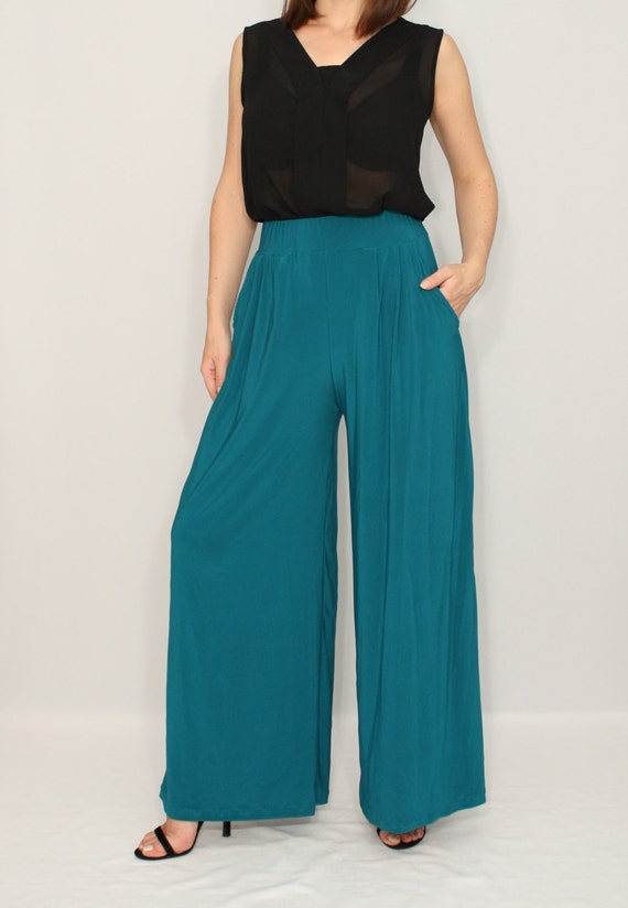 Wide leg pants Teal pants with pockets Women trousers