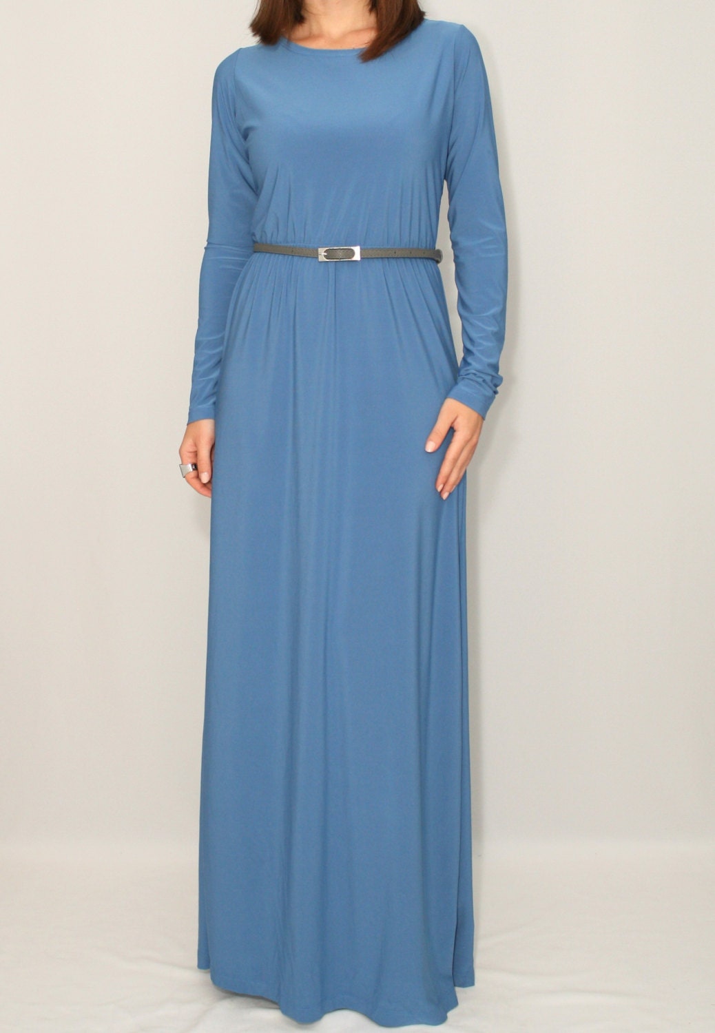 Denim blue dress Long sleeve dress Maxi dress Round neck dress