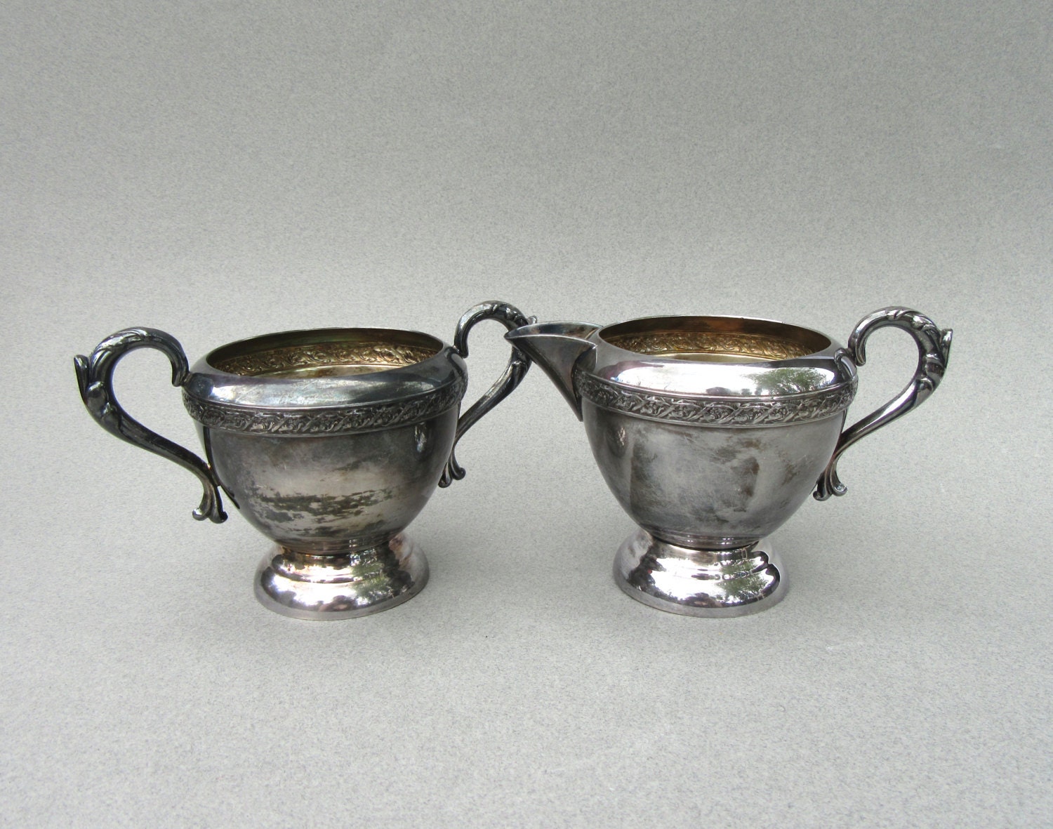 Vintage Metal Cream and Sugar Set, Essay Canada 348 Silver Metal