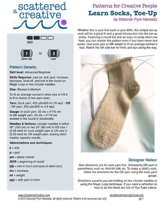 Knitting Pattern Learn Socks Toe-Up Knitted Sock Pattern
