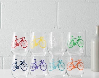 Bicycle WINE Glasses SINGLE screen printed bike stemless wine glasses