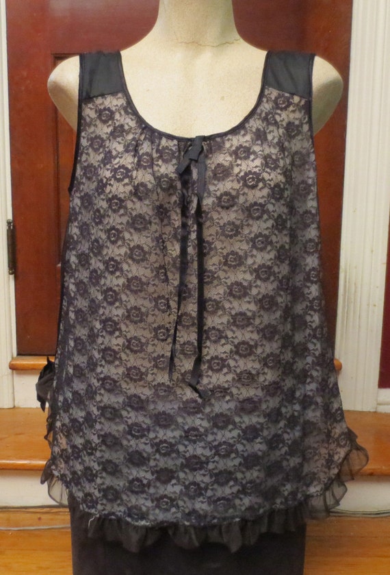 Vintage 1960s Black Lace Nightgown Babydoll Nighty Teddy