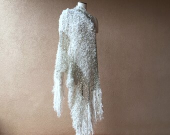 Ivory Wedding Wrap Wedding Accessories for 1920s Bridal or Winter Wedding, Ivory Wedding Shawl with Black, Silver Fringe Shawl Bridal Shawl