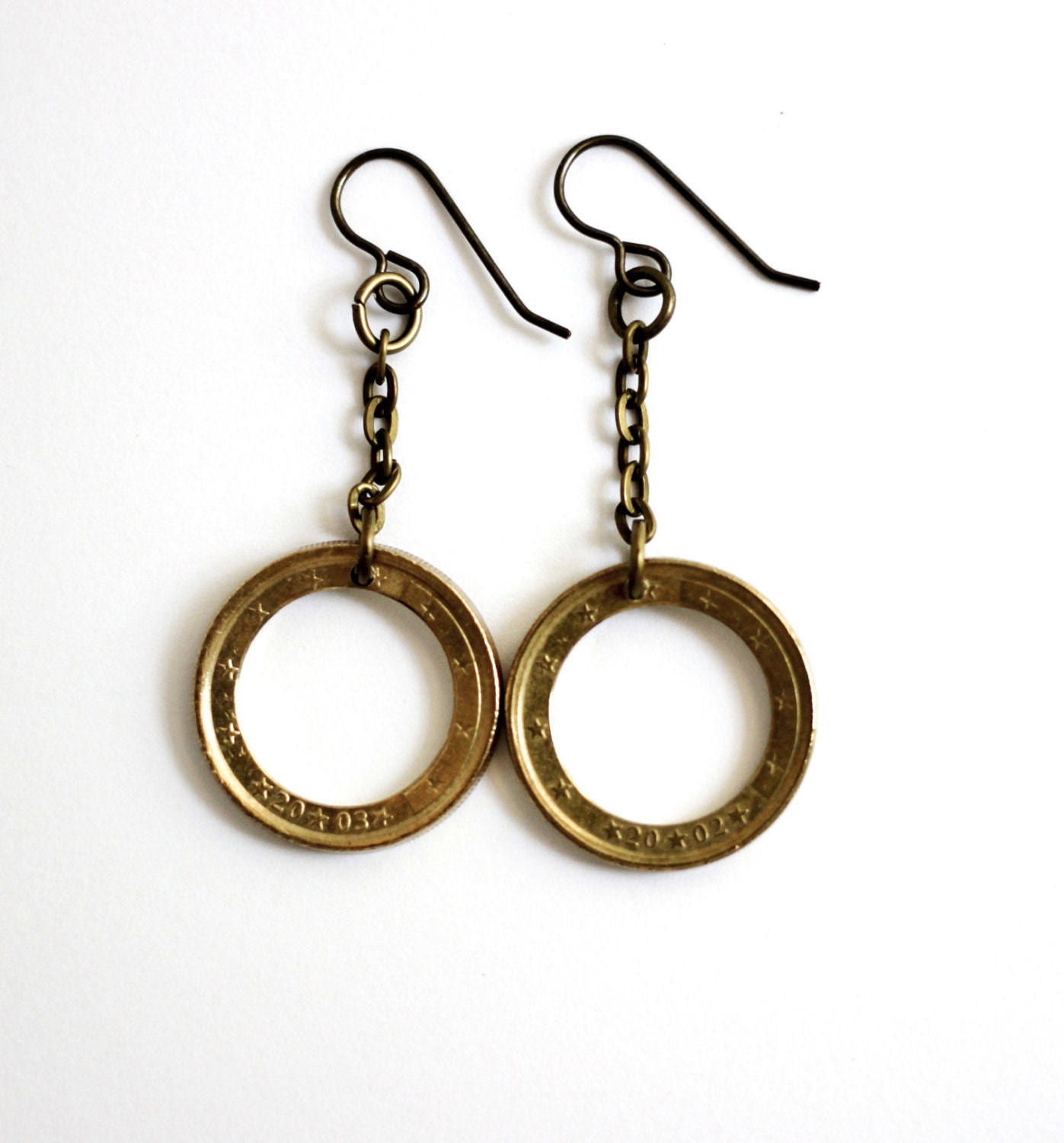 Brass Hoop Earrings Spanish Coin 1 Euro Spain Espana by Hendywood