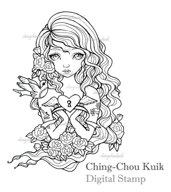Key Of Love - Instant Download / Tattoo Girl Love Heart Bird Dove Rose Key Vintage Fantasy Art by Ching-Chou Kuik