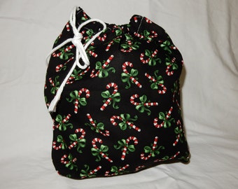 Christmas Fabric Gift Bag Eco Friendly Drawstring Bag----Reuseable size 10.5" wide x 10.5" tall Black with Candy Canes