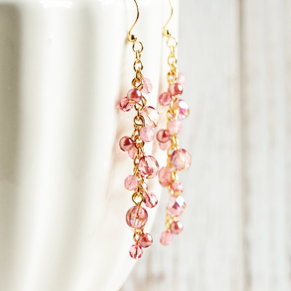 Long Pink Beaded Earrings Light Pink Earrings by OnePrettyDaisy