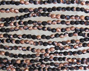 4mm Faceted 2 Tone Opaque Black and Metallic Copper Etched Firepolish Czech Glass Beads - Qty 50 (DW132)