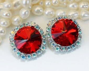 Red Clip Earrings Red Crystal Earrings Red Clip on AB Ruby Red Swarovski Christmas Bridal Red Wedding 14mm Halo,Silver,Light Siam,SE110