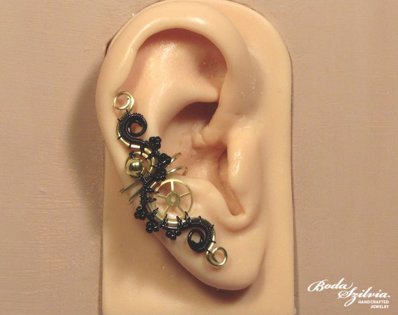black and brass STEAMPUNK EAR CUFF - wire wrapped ear cuff, adjustable ear cuff, earcuff, no piercing ear cuff, steampunk jewelry by bodaszilvia steampunk buy now online