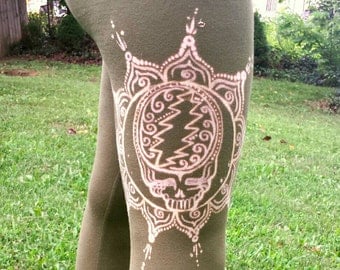 Grateful Dead - Steal Your Face Lotus Flower Mandala - Hand Painted Hippie Leggings - MADE TO ORDER