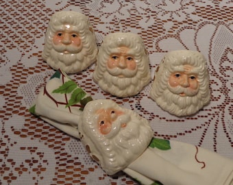 Vintage Santa Napkin Rings - White and Gold Christmas Napkin Rings - Set of Four (4) - 15-111