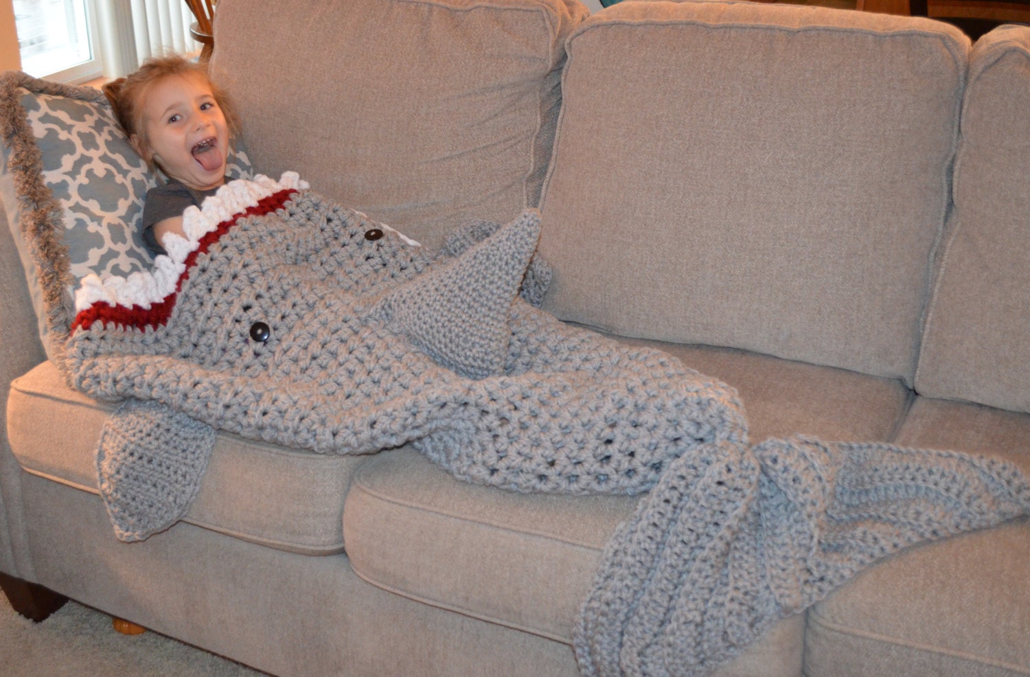 Crochet Shark Blanket in preschool child and by KirbysKreations