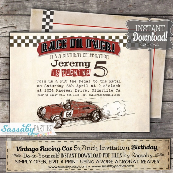 Vintage Racing Car Invitation - INSTANT DOWNLOAD - Editable & Printable Birthday Party Invitation by Sassaby Parties Il_570xn