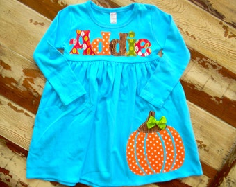 Fall Pumpkin dress, Personalized Dress with Pumpkin Appliqué, 2 Colors - Long or Sleeveless , 3-6m to 8yrs