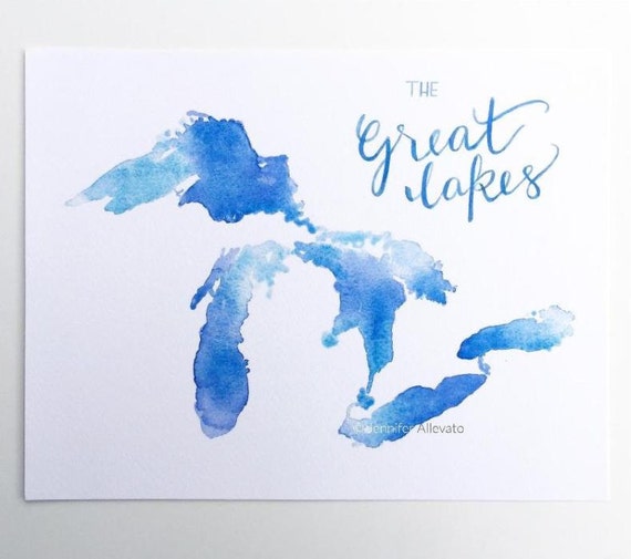 Great lakes watercolor art print blue home decor