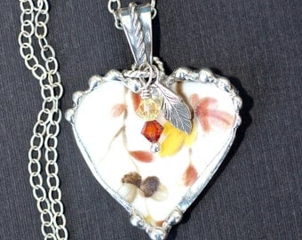Necklace, Broken China Jewelry, Broken China Necklace, Heart Pendant, Fall Leaves, Sterling Silver, Soldered Jewelry