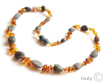 Raw Unpolished Black and Polished Red Baltic Amber Necklace