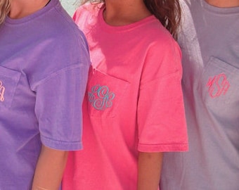 SALE Comfort Color Monogrammed Pocket Tee, Monogram Short Sleeve, Spring Break Shirt, Comfort Colors Pocket Tshirt, tee, shirt, tshirt