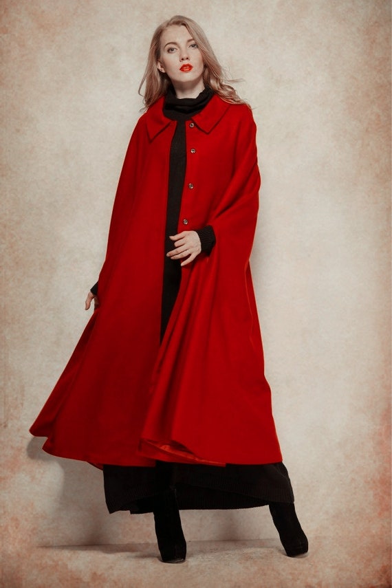 Red Wool Coat Winter Coat Wool Cloak Big Swing Coat Wool Etsy