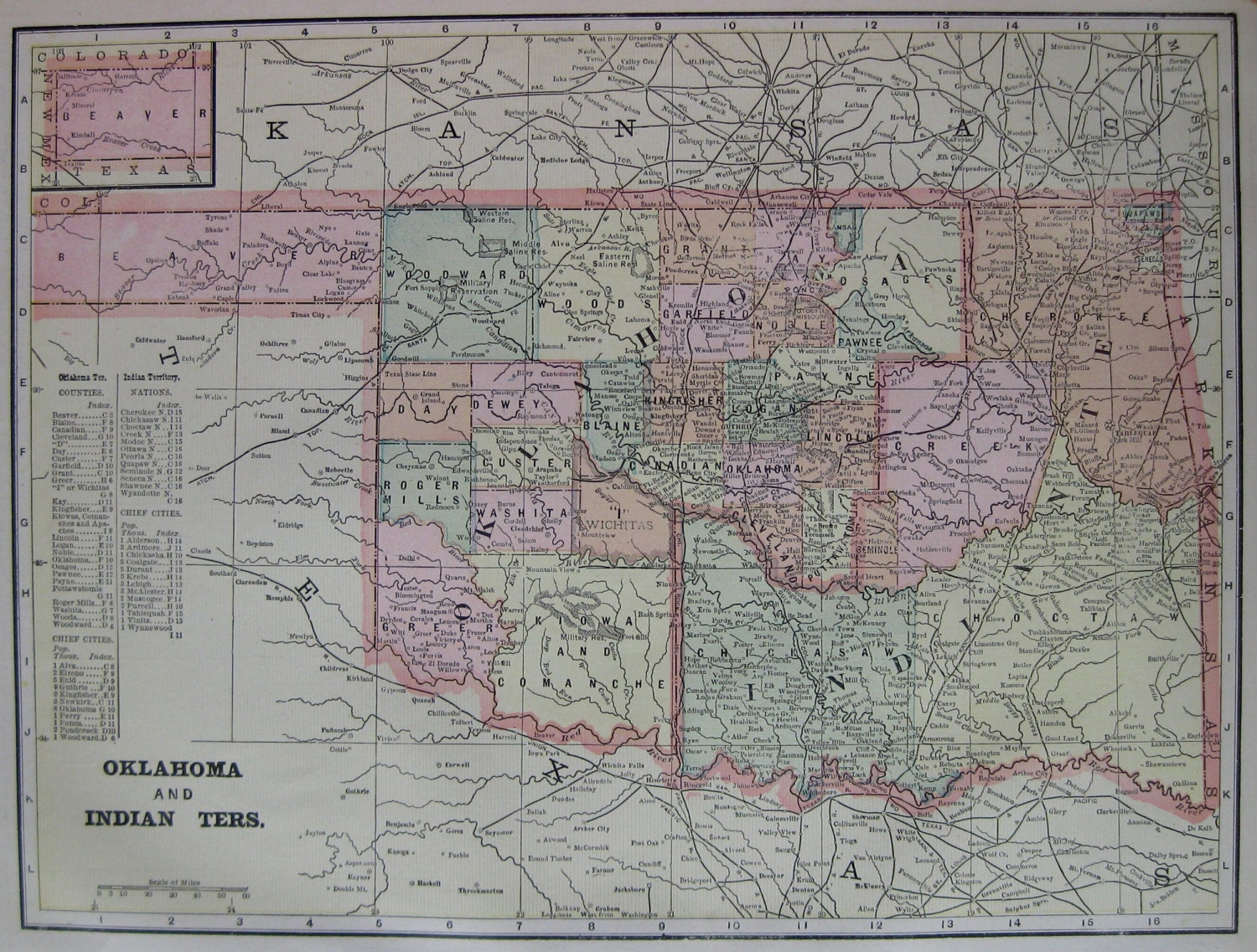 1900 Antique OKLAHOMA Map INDIAN TERRITORY Map of Oklahoma