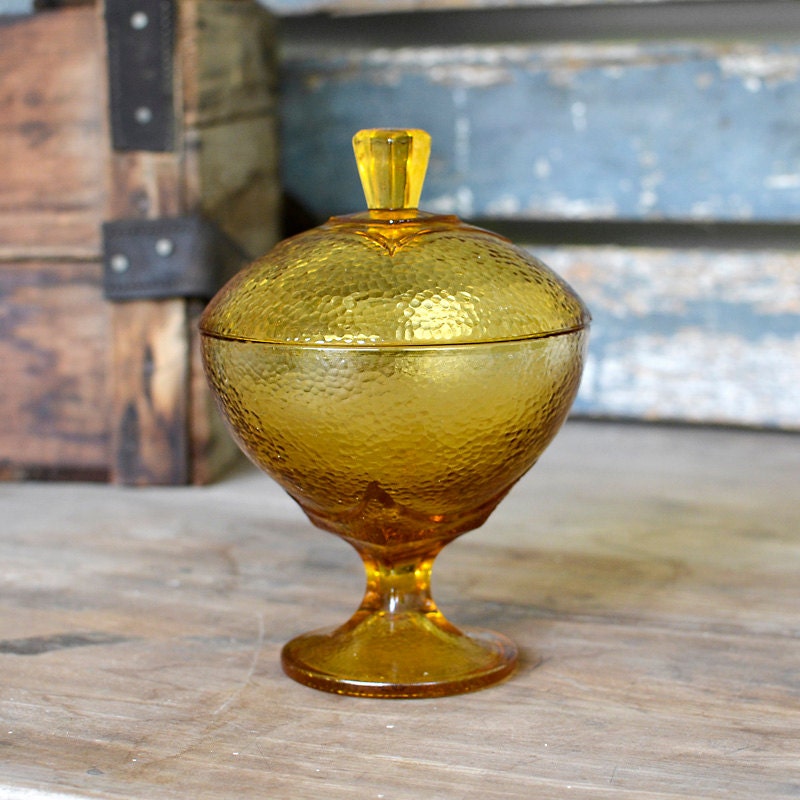 Amber Glass Candy Dish Lidded Compote Rippled Art Deco